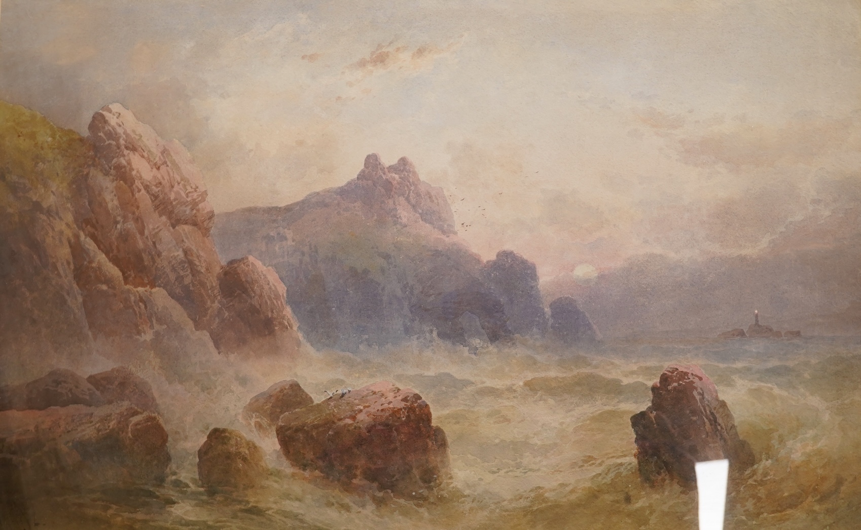 English School, Rocky coastal scene, indistinctly signed, watercolour, 35 x 50cm